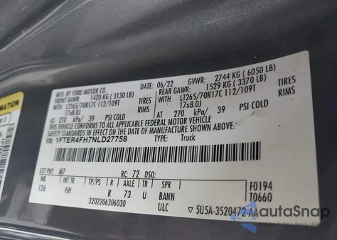 2022 Ford Ranger Lariat z USA, uszkodzony, nr VIN 1FTER4FH7NLD27758